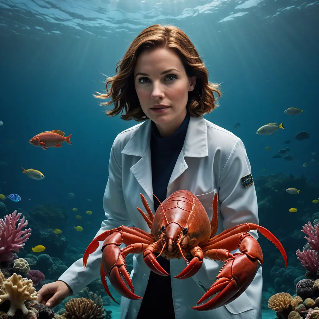 a woman in a lab coat holding a crab under water with corals and fish around her and a coral reef in the background, naturalism, a character portrait, Anthony S Waters, promotional image