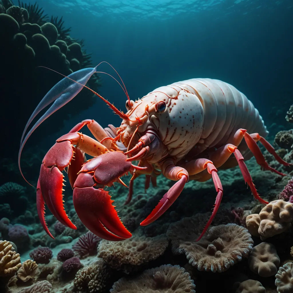 a large lobster is swimming in the ocean water near corals and sponges of corals on the bottom of the water, surrealism, a 3D render, Chris LaBrooy, award-winning photograph
