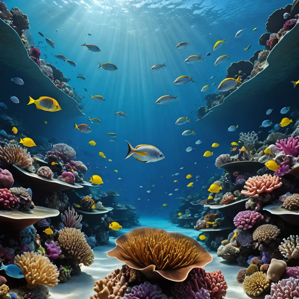 a painting of a coral reef with fish swimming around it and sunlight streaming through the water's surface, environmental art, a detailed matte painting, Chris LaBrooy, underwater