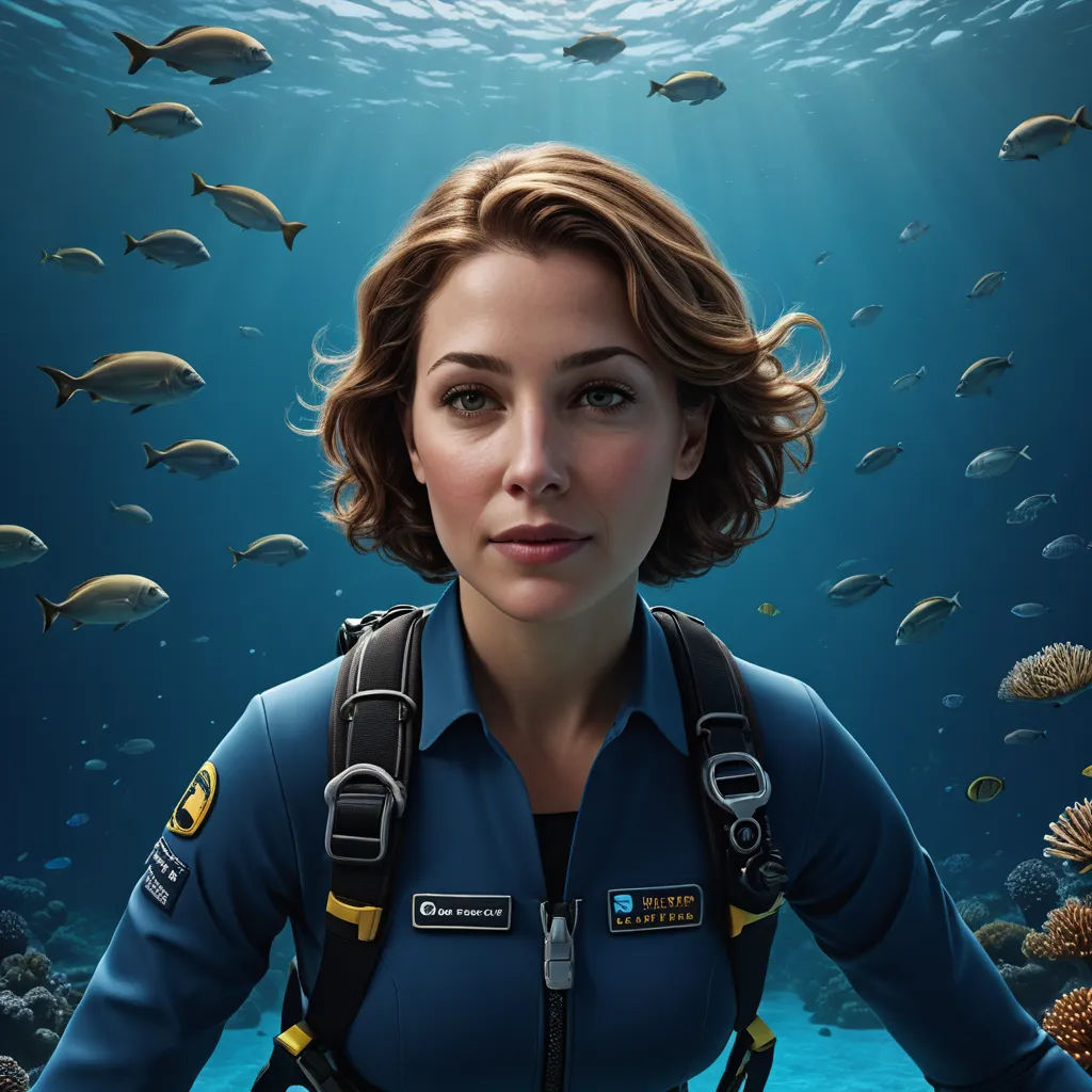 a woman in a diving suit is surrounded by fish and corals, with a scuba diver in the background, photorealism, computer graphics, Constance Gordon-Cumming, promotional image