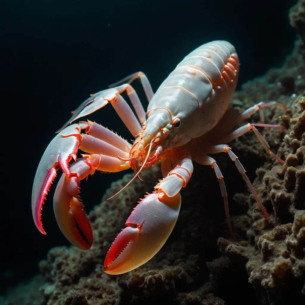 a close up of a lobster on a coral reef with a black background and a blue sky in the background, plasticien, a stock photo, Aquirax Uno, real life skin