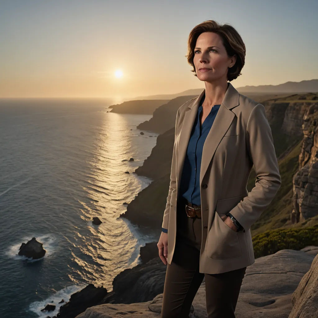 a woman standing on a cliff overlooking the ocean at sunset with the sun setting in the background and a cliff in the foreground, environmental art, a character portrait, Daphne Fedarb, promotional image