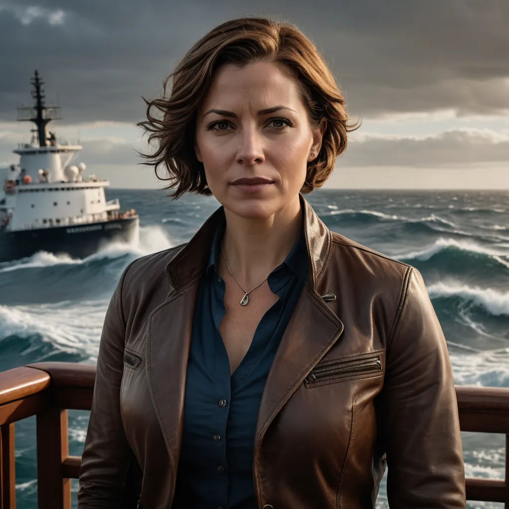 a woman standing on a deck near a boat in the ocean with a ship in the background and a cloudy sky, environmental art, a character portrait, Alison Debenham, promotional image