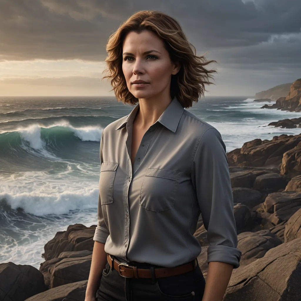 a woman standing on a rocky beach next to the ocean with a wave crashing in the background and a dark sky, environmental art, a character portrait, Alison Debenham, promotional image