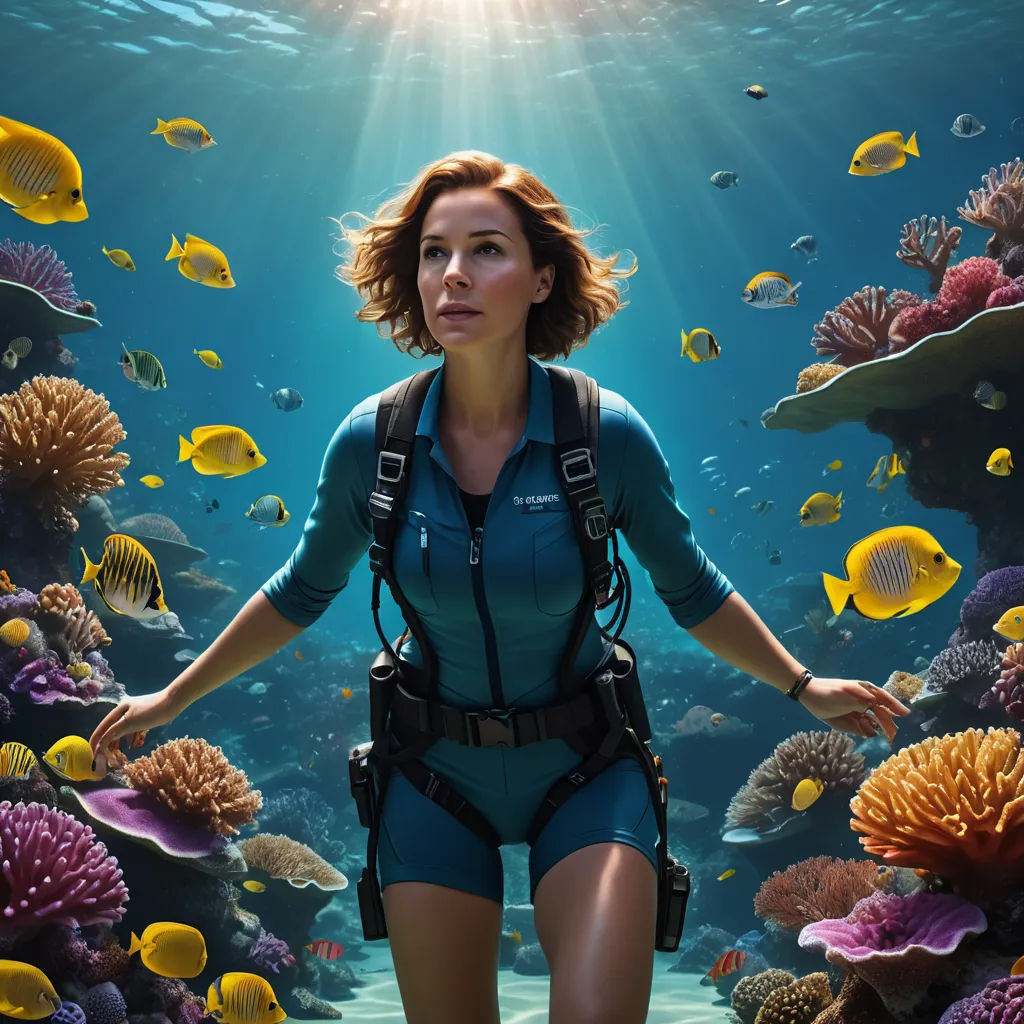 a woman in a diving suit is surrounded by fish and corals in the water, with a scuba suit on, photorealism, poster art, Aquirax Uno, promotional image