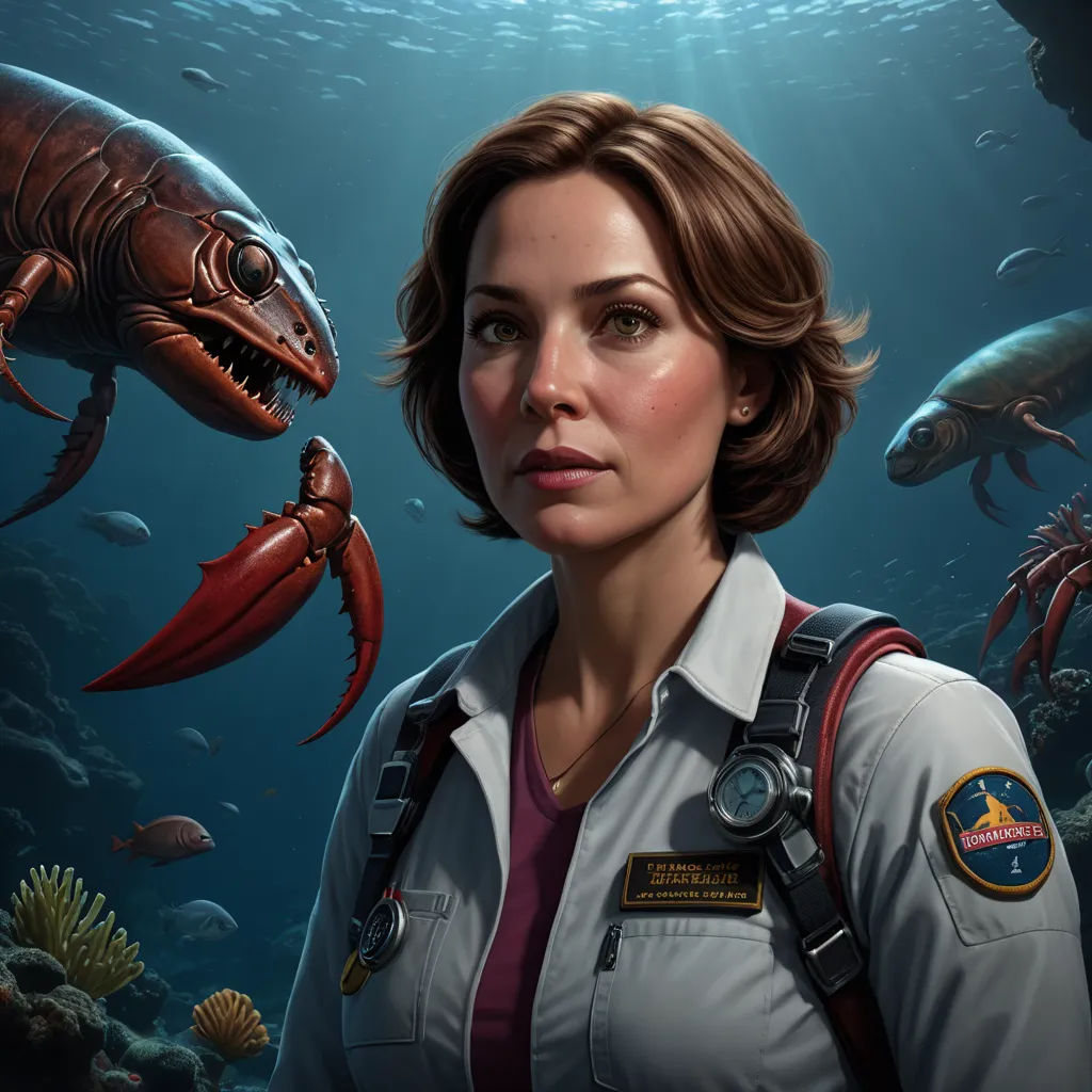 a woman in a space suit standing in front of a fish and a shark in the water with a scuba diver, sots art, a character portrait, Clint Cearley, key art