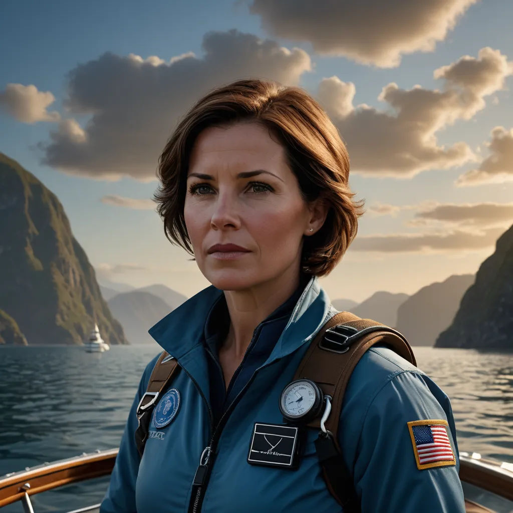 a woman in a blue jacket is on a boat in the water with mountains in the background and a cloudy sky, photorealism, a detailed matte painting, Eve Ryder, promotional image