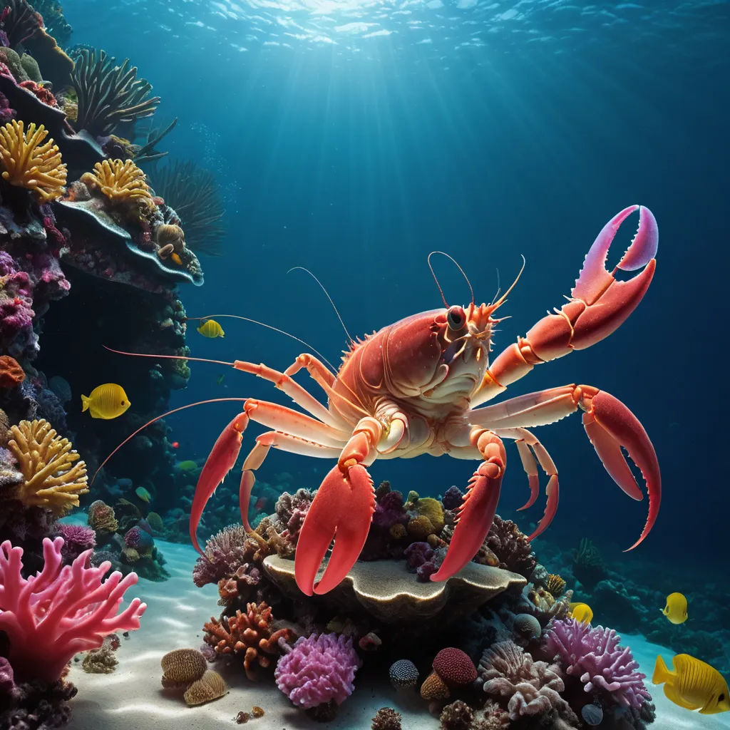 a large crab is standing on a coral reef with a bright blue background and a sunbeam above it, surrealism, a 3D render, Chris LaBrooy, underwater