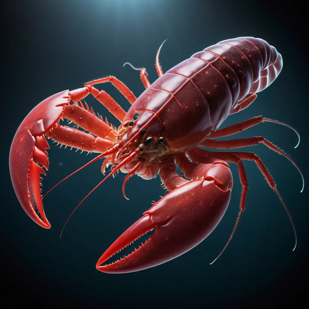 a red lobster is shown in the dark water of the ocean, with a bright light shining on it, photorealism, a 3D render, Chris LaBrooy, 3 d render