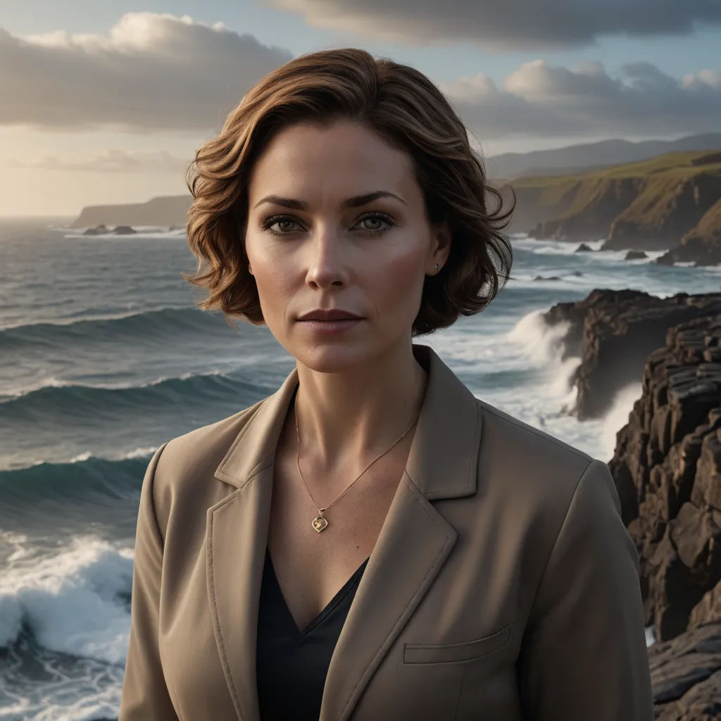 a woman standing on a rocky cliff near the ocean with waves crashing in the background and a cliff in the foreground, fantastic realism, a character portrait, Constance Gordon-Cumming, promotional image