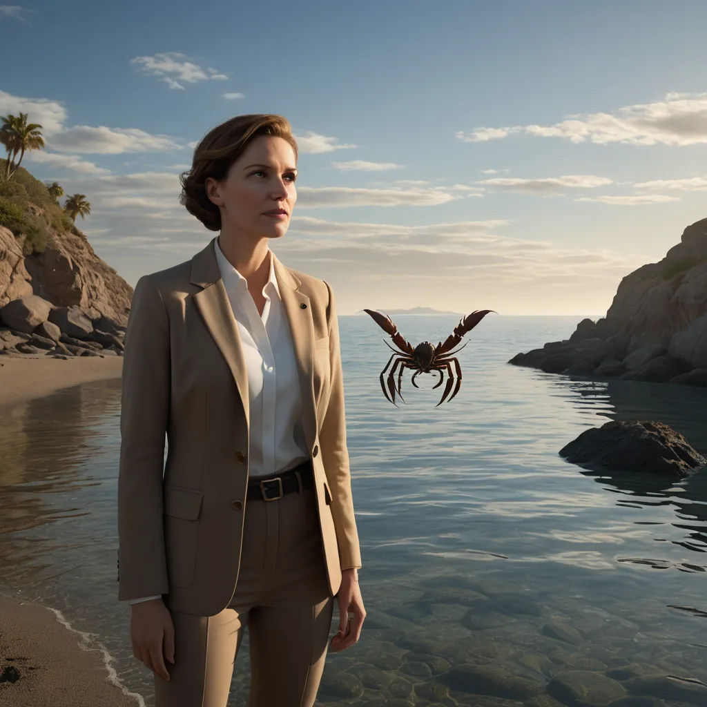 a woman standing on a beach next to the ocean with a bird flying over her head and a bird flying above her head, surrealism, a hyperrealistic painting, Aquirax Uno, promotional image