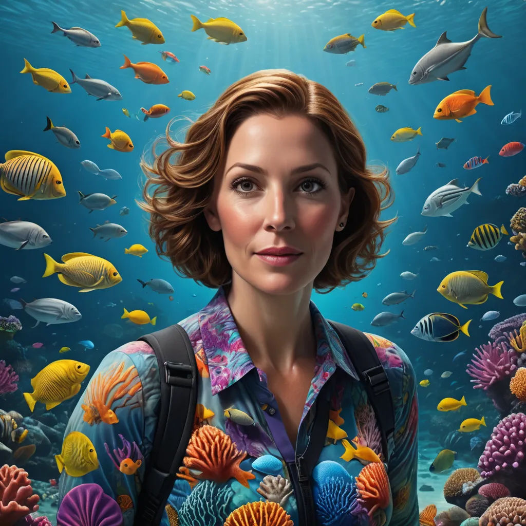 a woman with a backpack standing in front of a large aquarium filled with fish and corals, with a sunbeam above her, fantastic realism, a photorealistic painting, Arie Smit, highly detailed digital painting