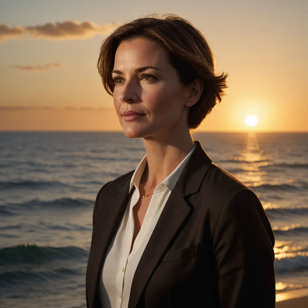 a woman standing on a beach at sunset with the sun in the background and the ocean in the foreground, precisionism, a character portrait, Daphne Allen, promotional image