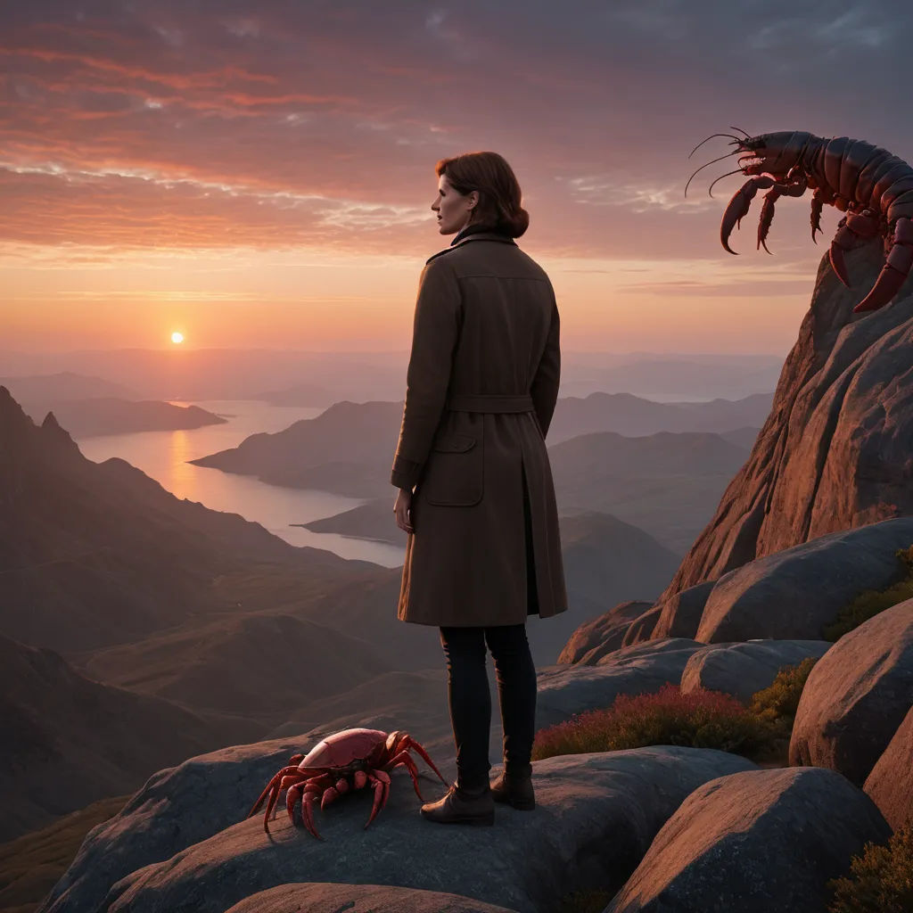 a man standing on a rock with a lobster in his hand and a lobster on the ground in front of him, fantastic realism, a matte painting, Chris LaBrooy, promotional image
