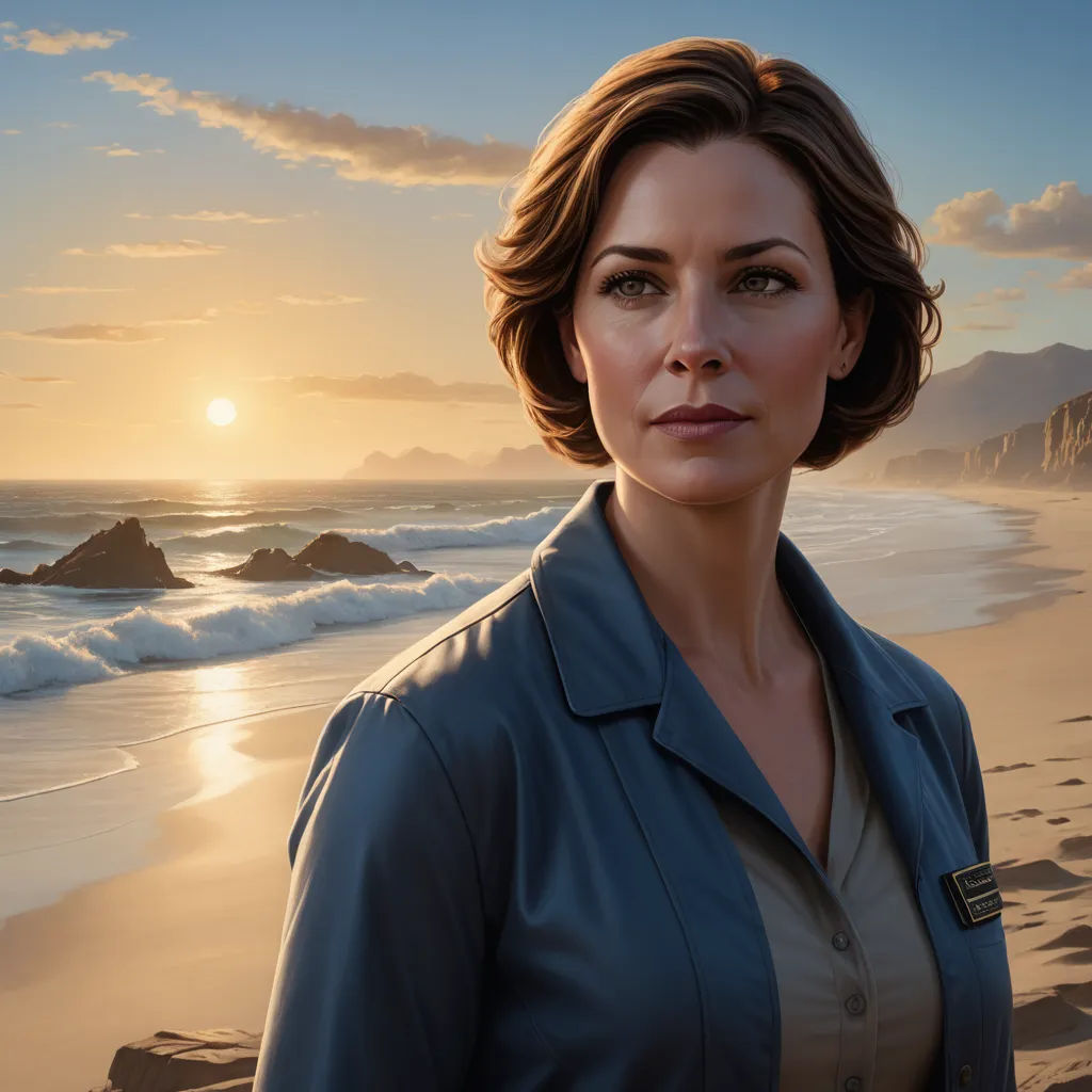 a woman standing on a beach next to the ocean at sunset with a sunset in the background and a mountain range in the distance, photorealism, a hyperrealistic painting, Eve Ryder, ultra realistic digital art