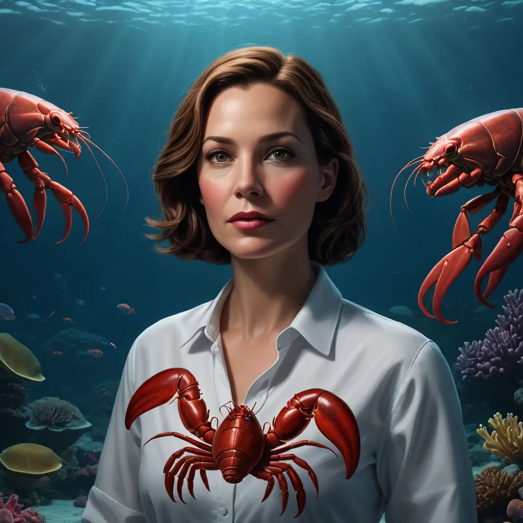 a woman in a white shirt with a red lobster on her chest and a blue background with corals, fantastic realism, a surrealist painting, Dirk Crabeth, highly detailed digital painting