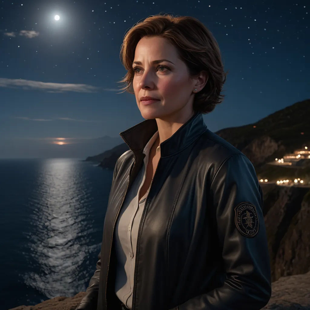 a woman standing on a cliff overlooking the ocean at night with a full moon in the sky above her, photorealism, a character portrait, Eve Ryder, promotional image