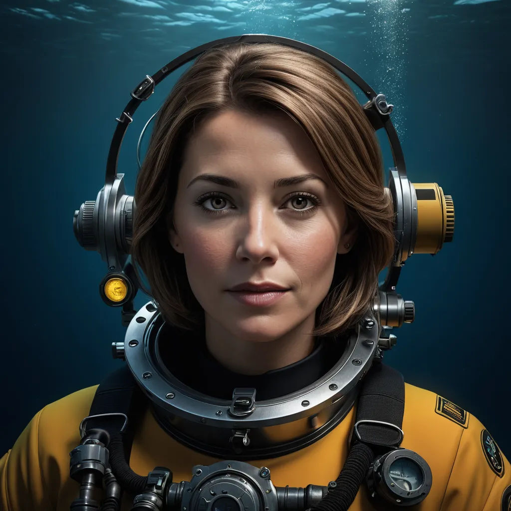 a woman in a diving suit with a helmet on her head and a scuba suit on her head, under water, arbeitsrat für kunst, a character portrait, Alison Debenham, promotional image