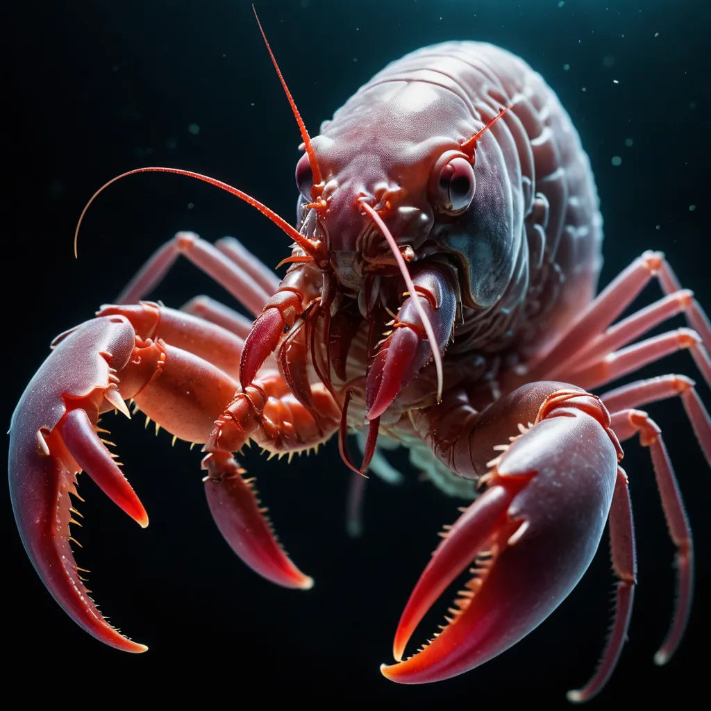 a close up of a large red crab on a black background with a blue light in the background and a black background, photorealism, a 3D render, Filip Hodas, ultra realistic digital art