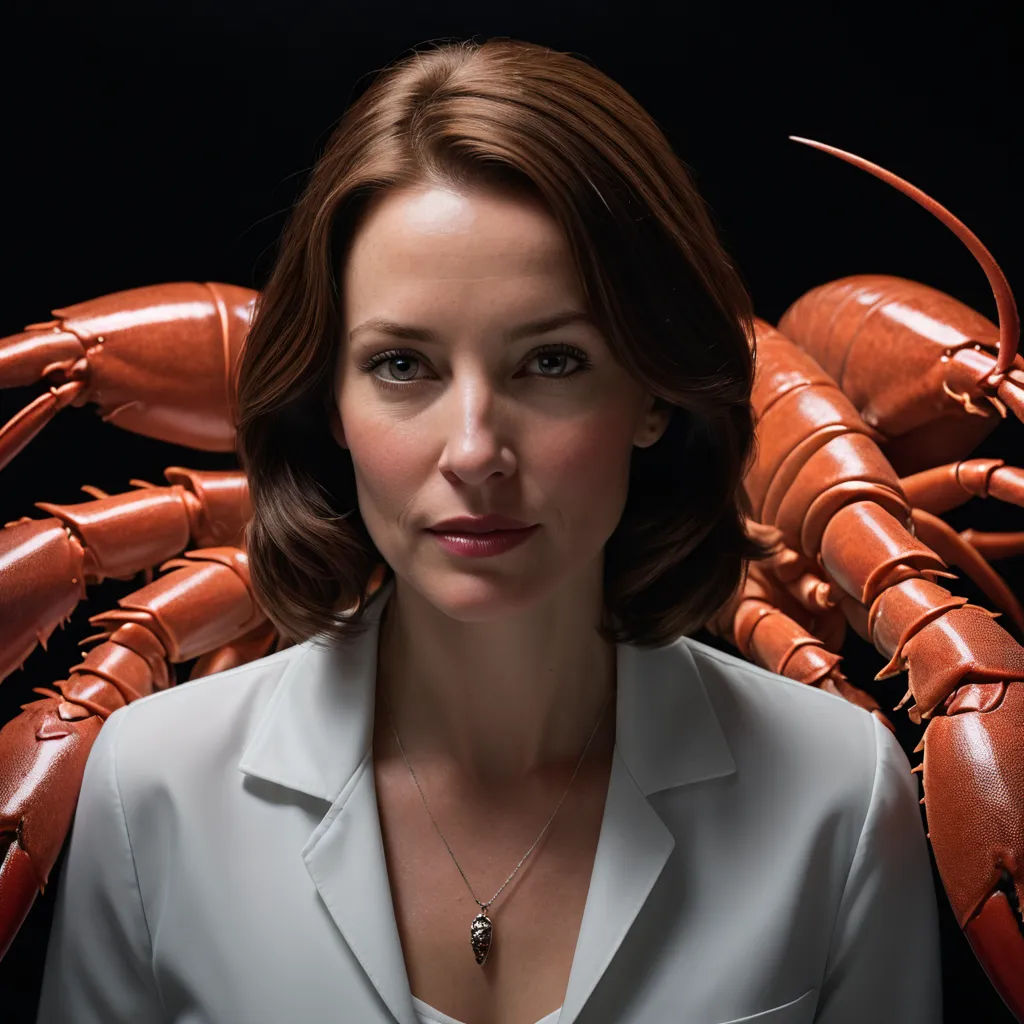 a woman with a necklace on her neck and a large lobster on her shoulder, in front of a black background, fantastic realism, a character portrait, Clarice Beckett, promotional image