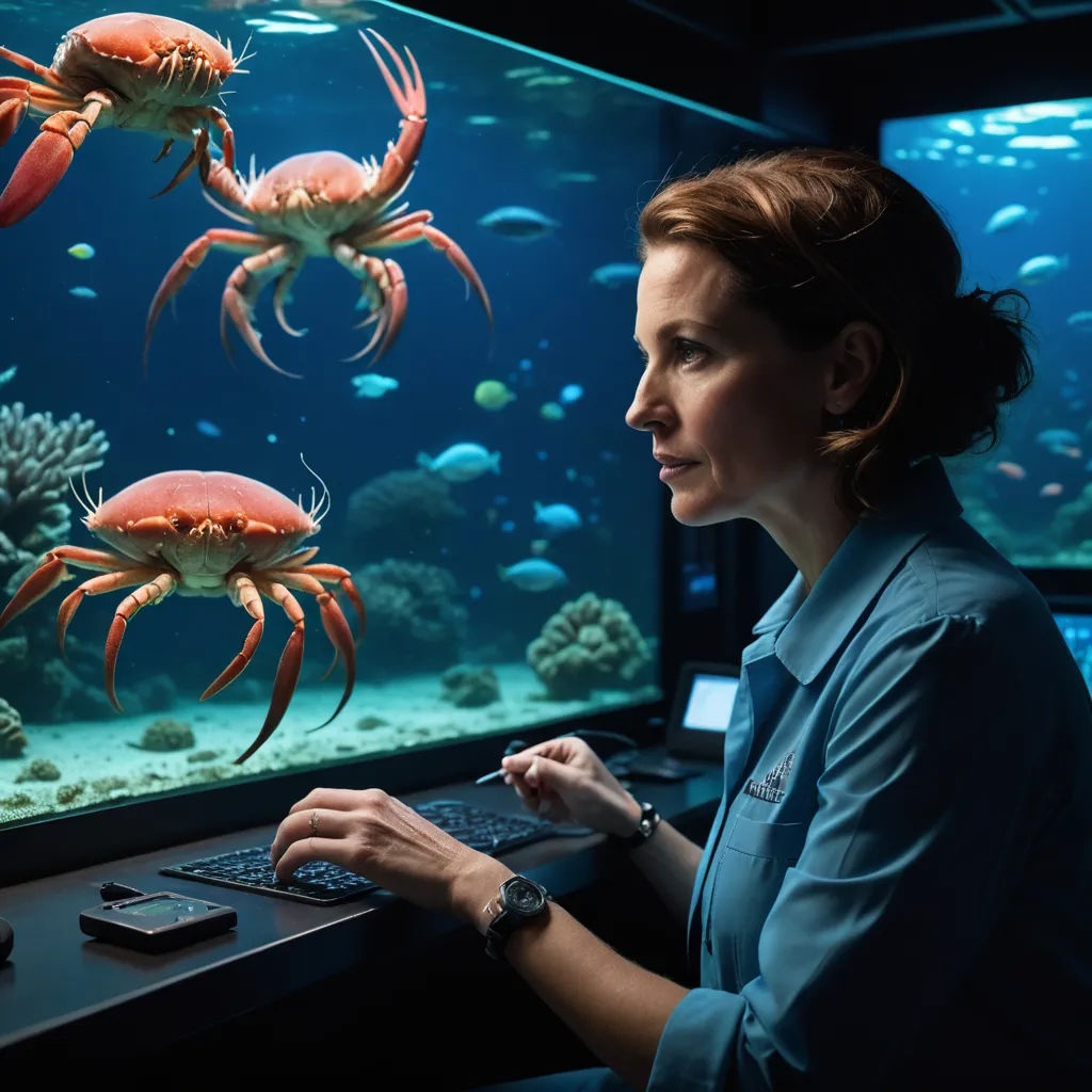 a woman is using a laptop computer in front of a large aquarium with crabs on it and a fish in the water, academic art, computer graphics, David Teniers III, promotional image