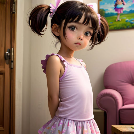 a little girl in a pink dress standing in a room with a pink chair and a pink chair behind her