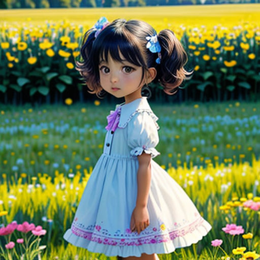a little girl standing in a field of flowers with a blue dress on and a pink bow in her hair