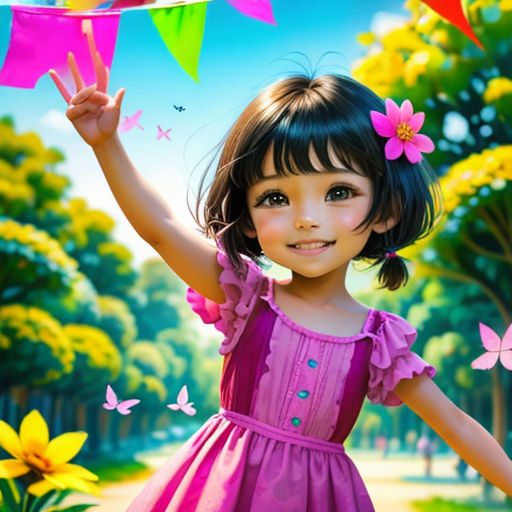a little girl in a pink dress holding a kite in the air with a butterfly on it's tail