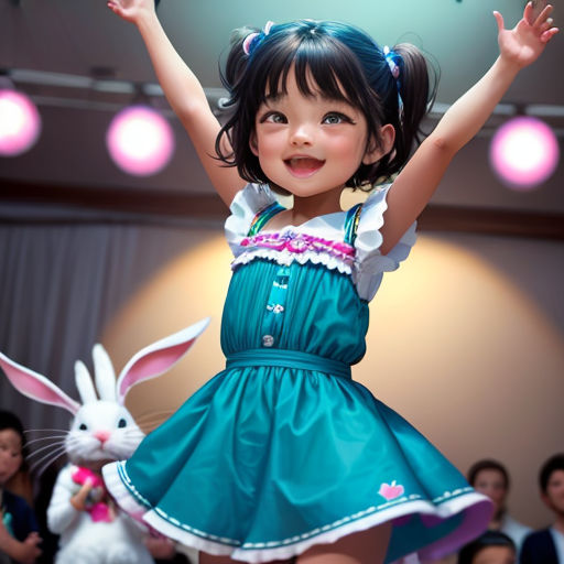 a little girl in a blue dress and bunny ears is dancing with her arms up in the air with her hands up