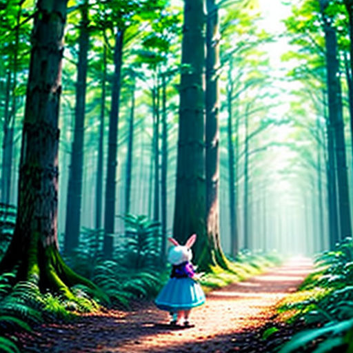 a little girl in a blue dress walking down a forest path with a rabbit in the middle of the woods