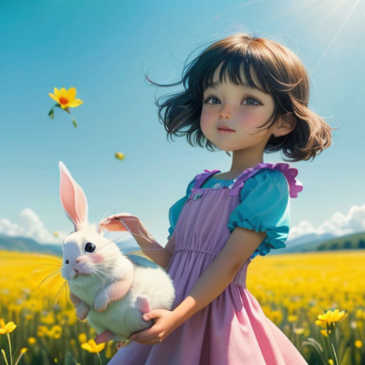 a little girl holding a rabbit in a field of flowers with a sun in the background and a blue sky