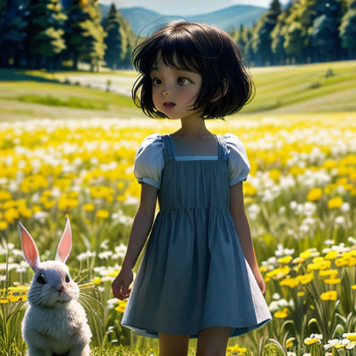 a little girl standing next to a rabbit in a field of flowers with a mountain in the background and a field of yellow flowers