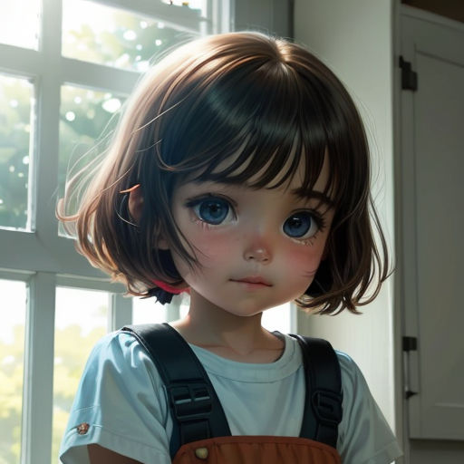 a little girl with a brown apron and a white shirt and a window behind her is looking at the camera