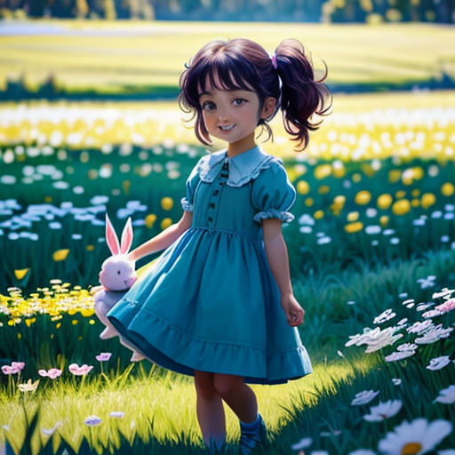 a little girl in a field of flowers holding a bunny rabbit toy in her hand and smiling at the camera