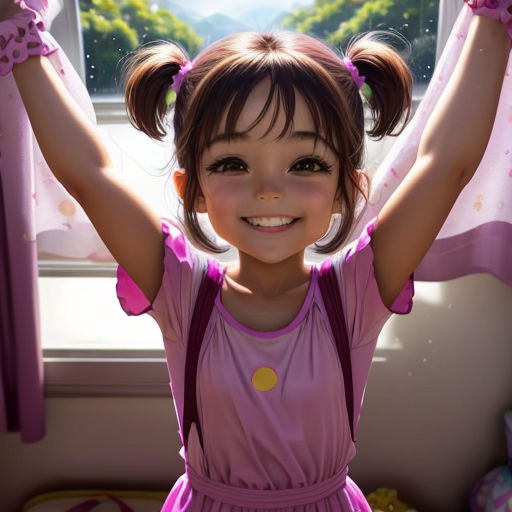 a little girl with a pink dress and a pair of scissors in her hair and a pink dress with a yellow polka dot on it