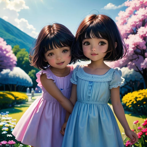 two little girls standing next to each other in a field of flowers and trees with pink flowers in the background