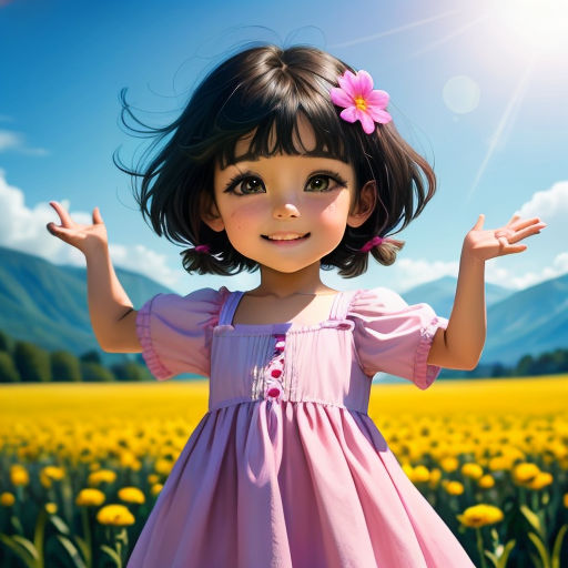 a little girl in a pink dress standing in a field of flowers with her arms outstretched up in the air