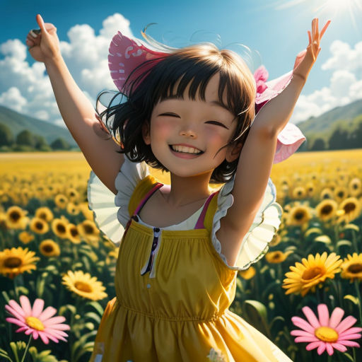 a little girl standing in a field of sunflowers with her arms up in the air and smiling