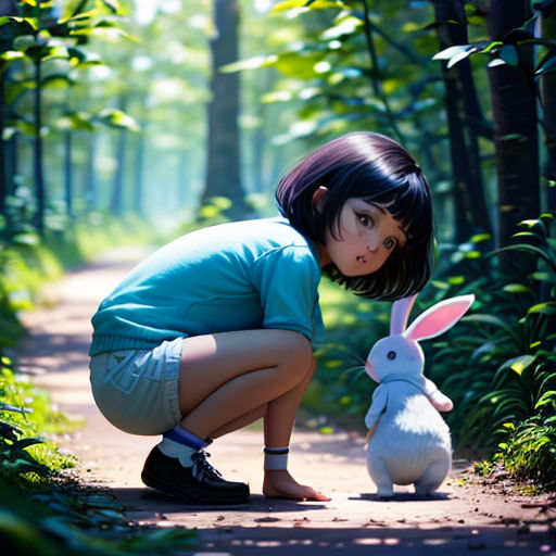 a girl kneeling down next to a bunny in the woods with a forest background and a forest path behind her