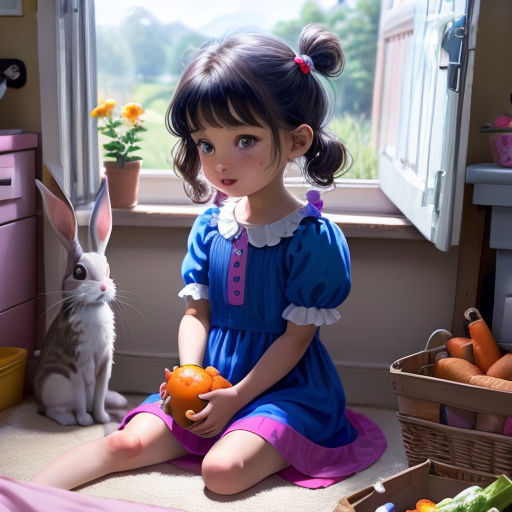 a little girl sitting on the floor with a bunny and carrots in her hands and a basket of carrots in front of her