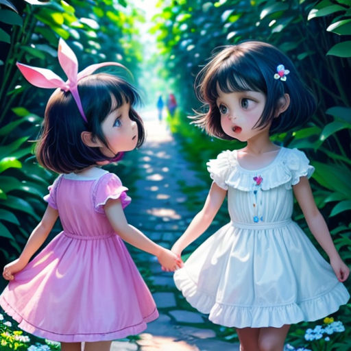 two little girls walking down a path holding hands and looking at each other with a forest background behind them