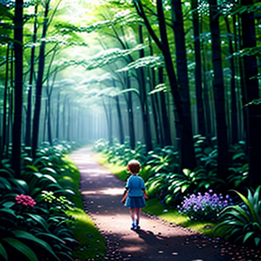 a little girl walking down a path in the woods with a light shining on her face and a forest scene behind her