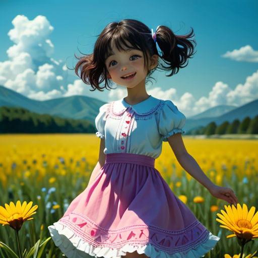 a painting of a girl in a field of flowers with mountains in the background and clouds in the sky