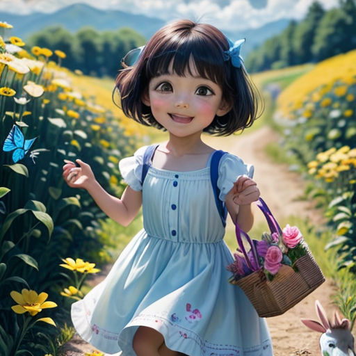 a painting of a little girl holding a basket of flowers and a bird in a field of flowers with a blue sky and clouds