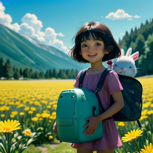 a girl with a backpack and a cat in a field of flowers with mountains in the background and a blue backpack