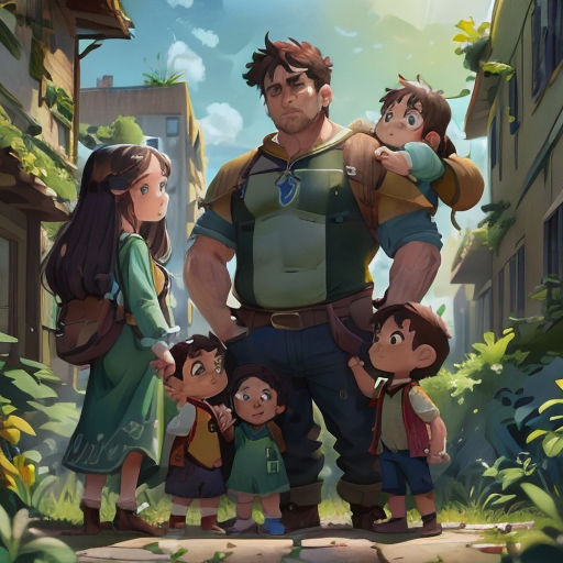 a man standing in front of a group of children in a cartoon style with a man holding a child