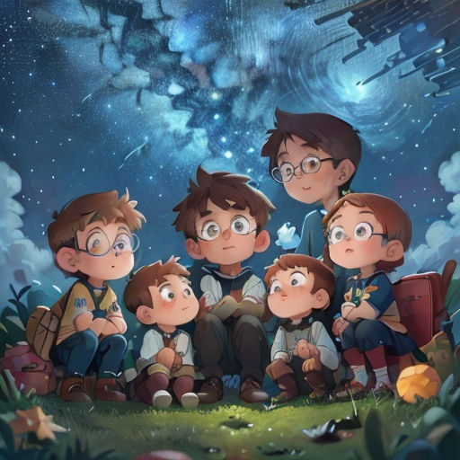 a group of kids sitting on top of a field under a sky filled with stars and clouds with a spaceship in the background