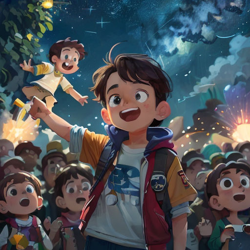 a boy holding a small child in front of a crowd of people with fireworks in the sky above him