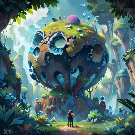 a man standing in front of a forest filled with trees and plants, with a giant mushroom like structure in the middle