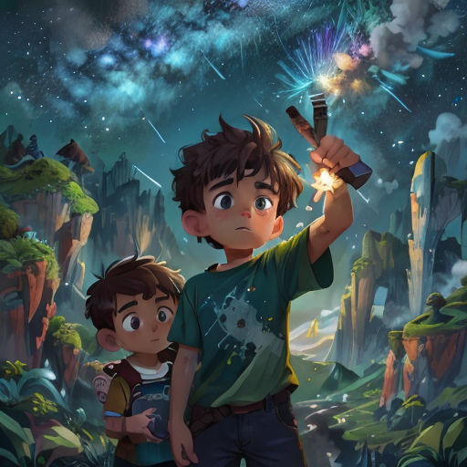 a boy and a boy are holding a sparkler in their hands while standing in front of a mountain